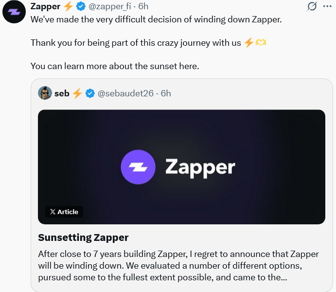 DeFi Dashboard Zapper to Shut Down After 7 Years