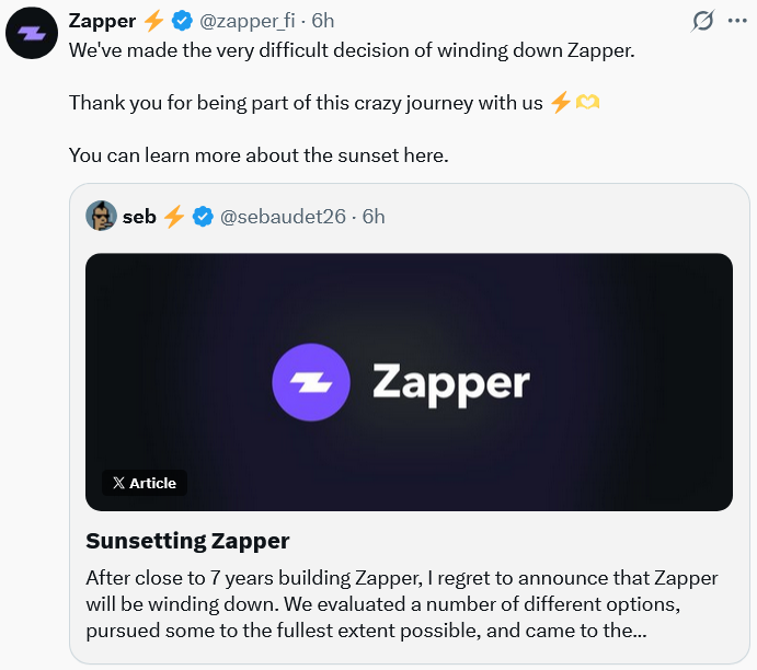 DeFi Dashboard Zapper to Shut Down After 7 Years