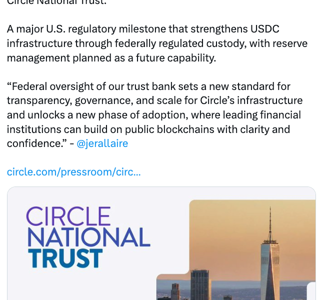 Circle Secures OCC Approval For National Trust Bank