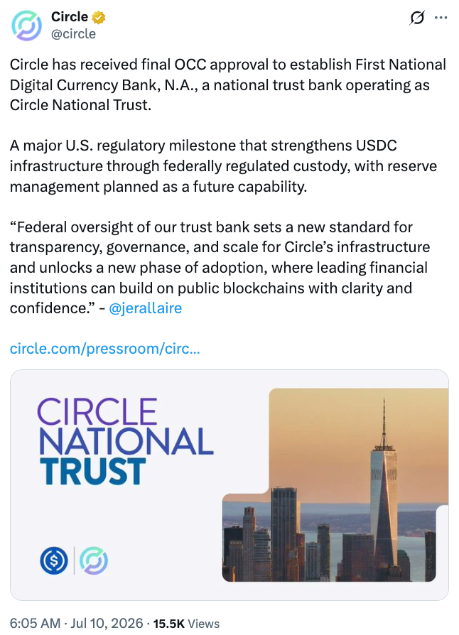 Circle Secures OCC Approval For National Trust Bank