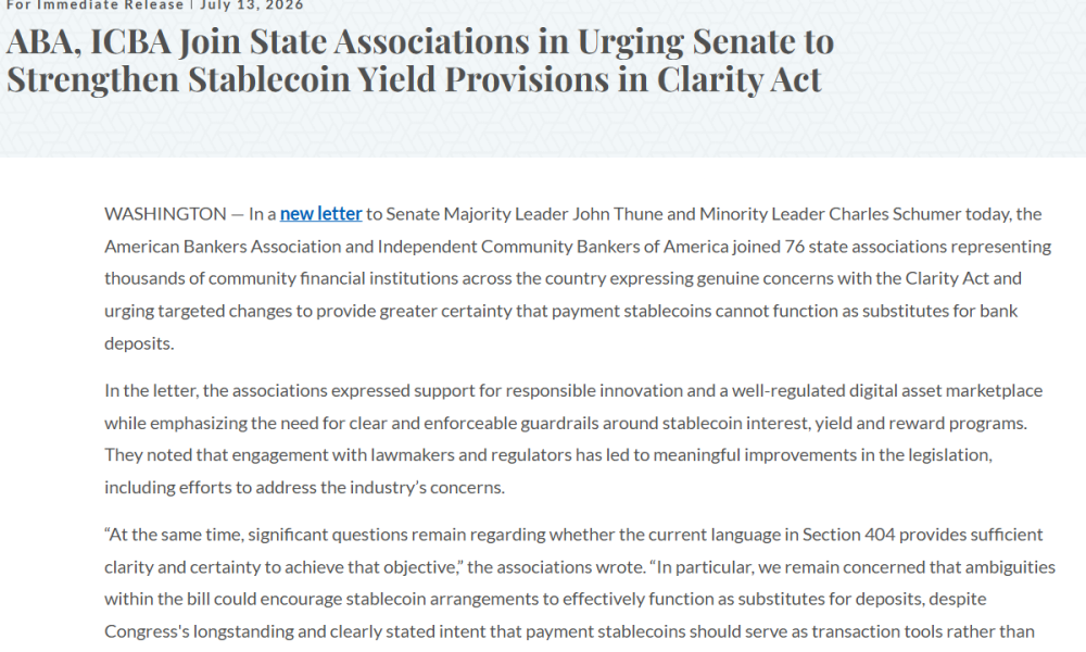 ABA, Banking Associations Push Back Against CLARITY Act Yield Provisions