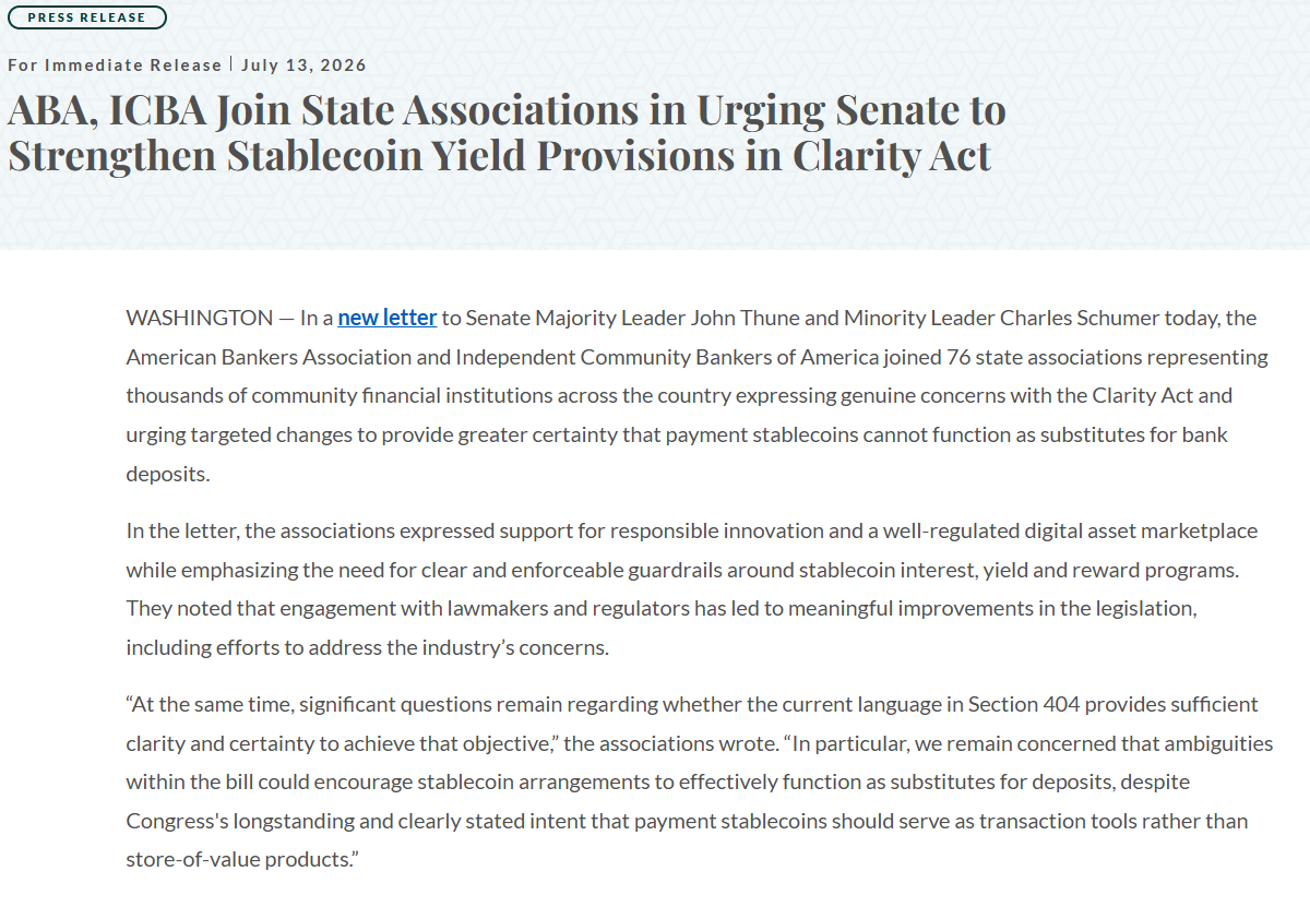 ABA, Banking Associations Push Back Against CLARITY Act Yield Provisions