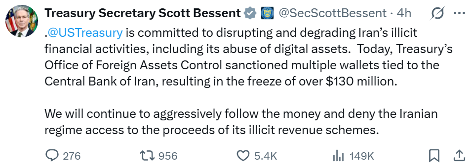US Treasury, Tether Freezes $131M in Crypto Tied to Iran