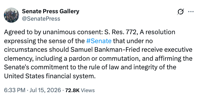 Senate Opposes Sam Bankman-Fried Clemency Bid