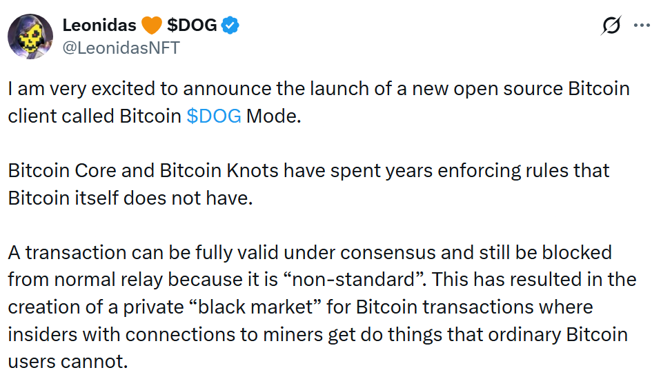 Ordinals Advocate Proposes New Bitcoin Client: ‘$DOG Mode’