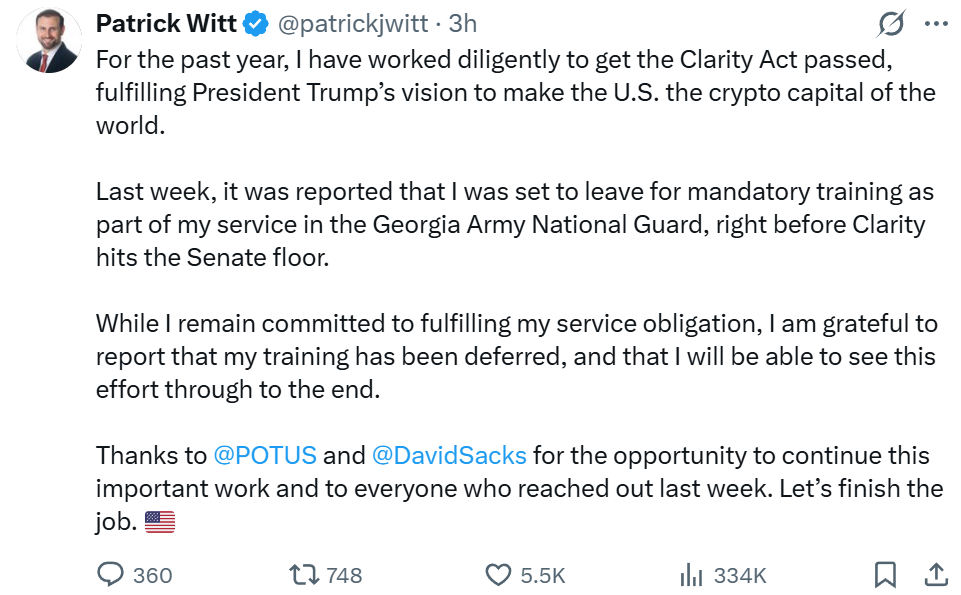 White House Crypto Adviser Stays on as CLARITY Nears Senate Vote