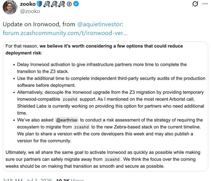 Zcash Ironwood Timeline Pressured by Software Migration