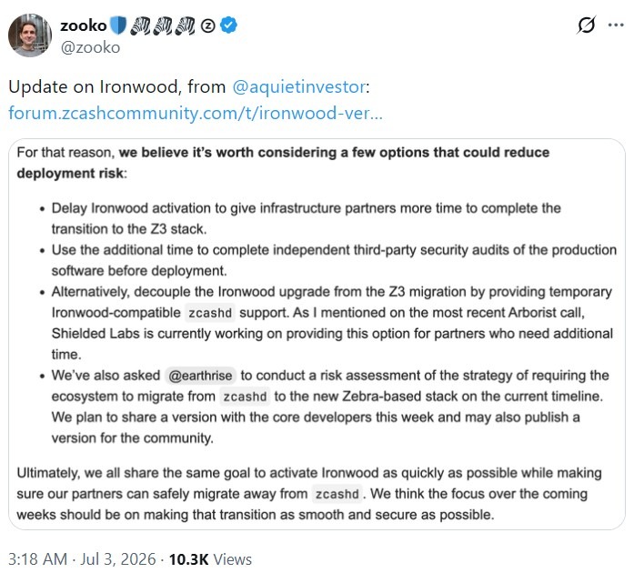 Zcash Ironwood Timeline Pressured by Software Migration