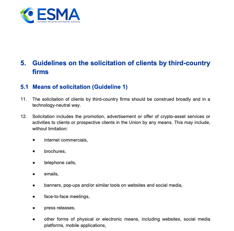 ESMA Clarifies Reverse Solicitation Rules Under MiCA