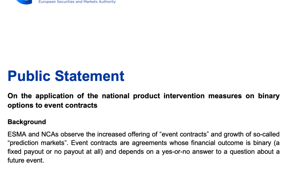 ESMA Says Many Prediction Market Contracts Fall Under Existing EU Rules