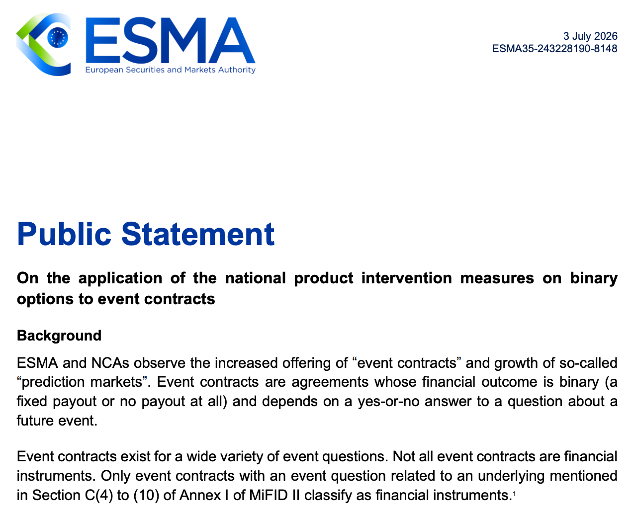 ESMA Says Many Prediction Market Contracts Fall Under Existing EU Rules
