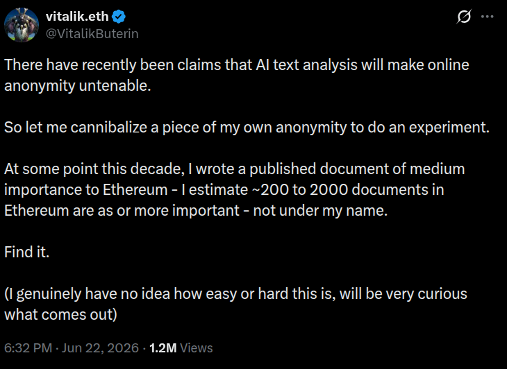 Buterin Confirms AI Identified Anonymous Ethereum Proposal Contribution