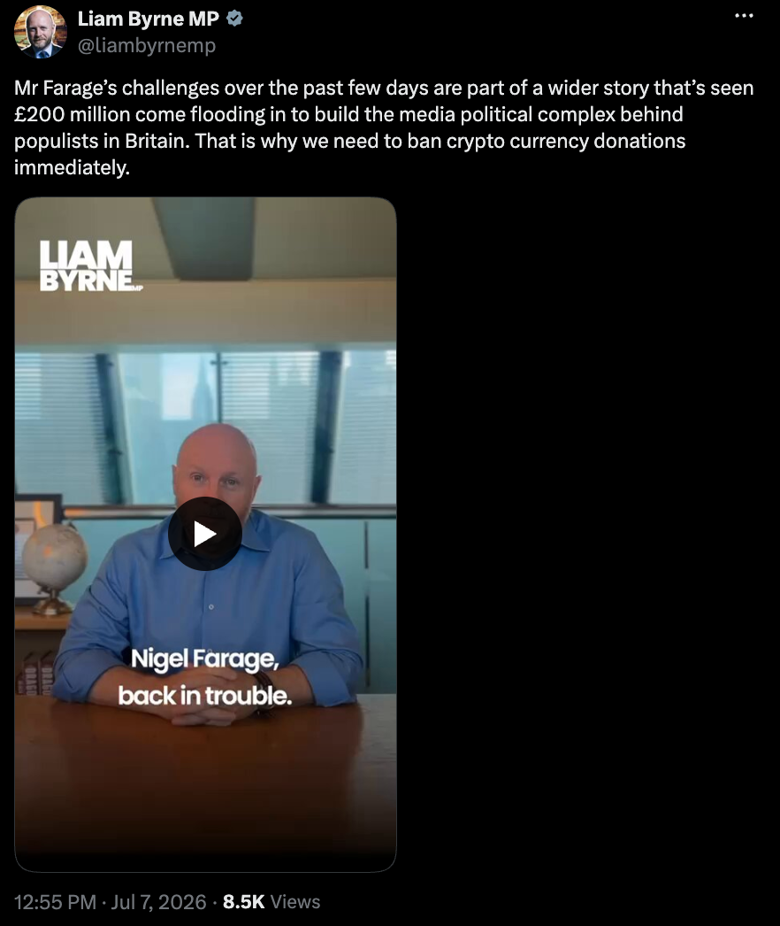 UK Politicians Considering Permanent Crypto Donation Ban Amid Nigel Farage Scandal