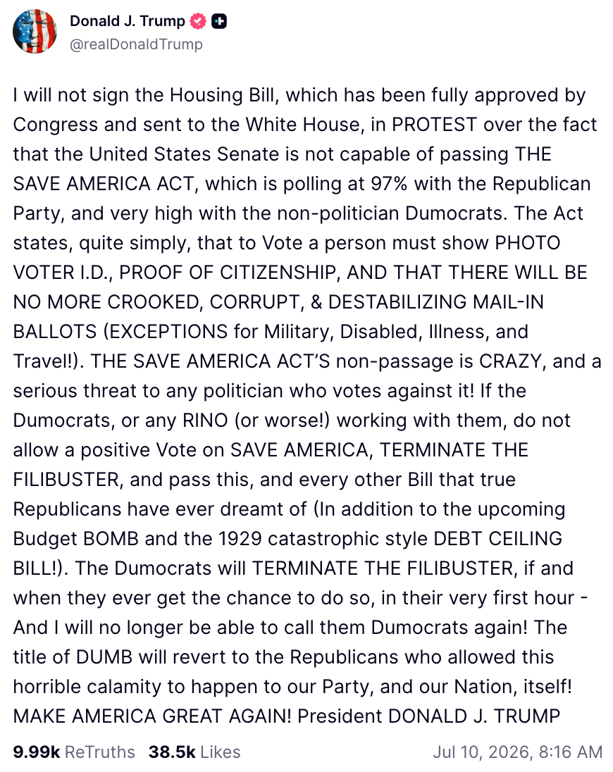 US CBDC Ban to Go into Effect without Trump Signoff on Housing Bill