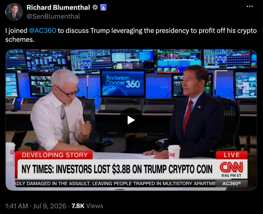 Senate Democrats Call for Hearings into Trump’s Ties to Crypto Amid CLARITY Act Discussions