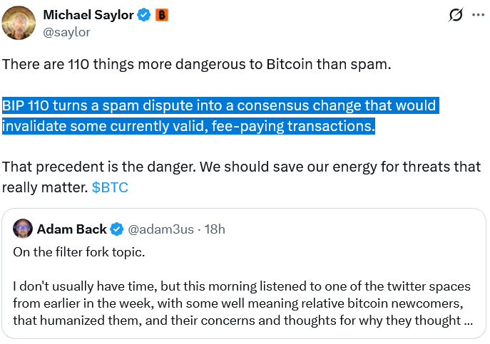 Bitcoiners Michael Saylor, Adam Back Oppose BIP-110