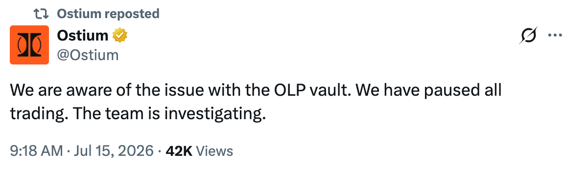 Ostium Pauses Trading After Apparent Oracle Exploit Targets OLP Vault
