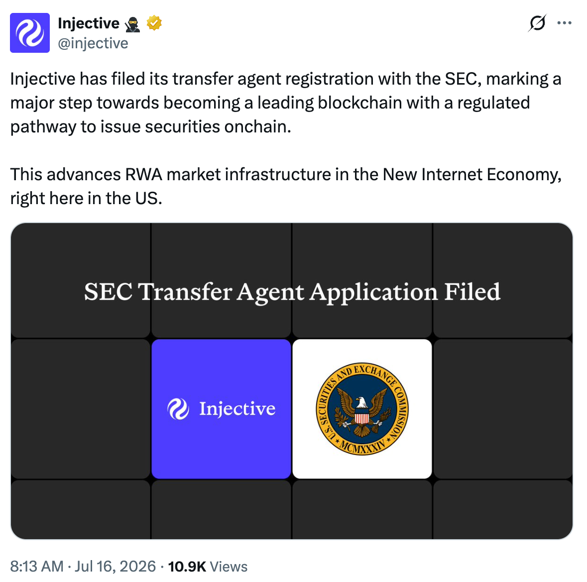 Injective Files SEC Transfer Agent Application for Onchain Securities