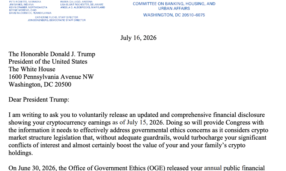 Senator Warren Requests 2026 Reporting for Trump’s Crypto Earnings after $1.4B Disclosure