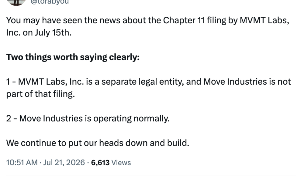 Movement Labs Files Chapter 11 Bankruptcy After MOVE Token Controversy