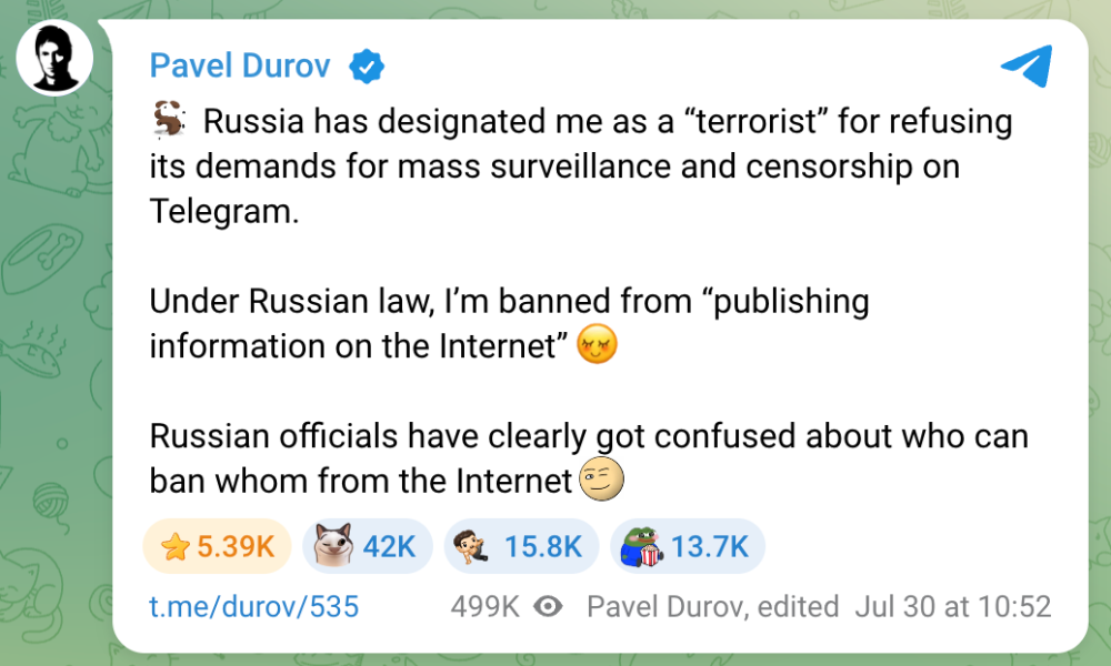 Telegram CEO Says Russia Labeled Him a Terrorist
