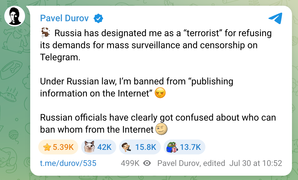 Telegram CEO Says Russia Labeled Him a Terrorist