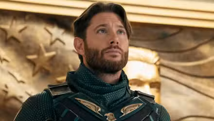 Jensen Ackles as Soldier Boy looking up at something off-screen in The Boys Season 5