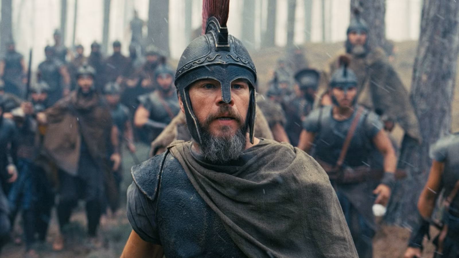 Matt Damon as Odysseus before a battle scene in The Odyssey (2026)