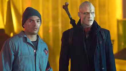 Miguel Gomez and Rupert Penry Jones standing next to each other in The Strain
