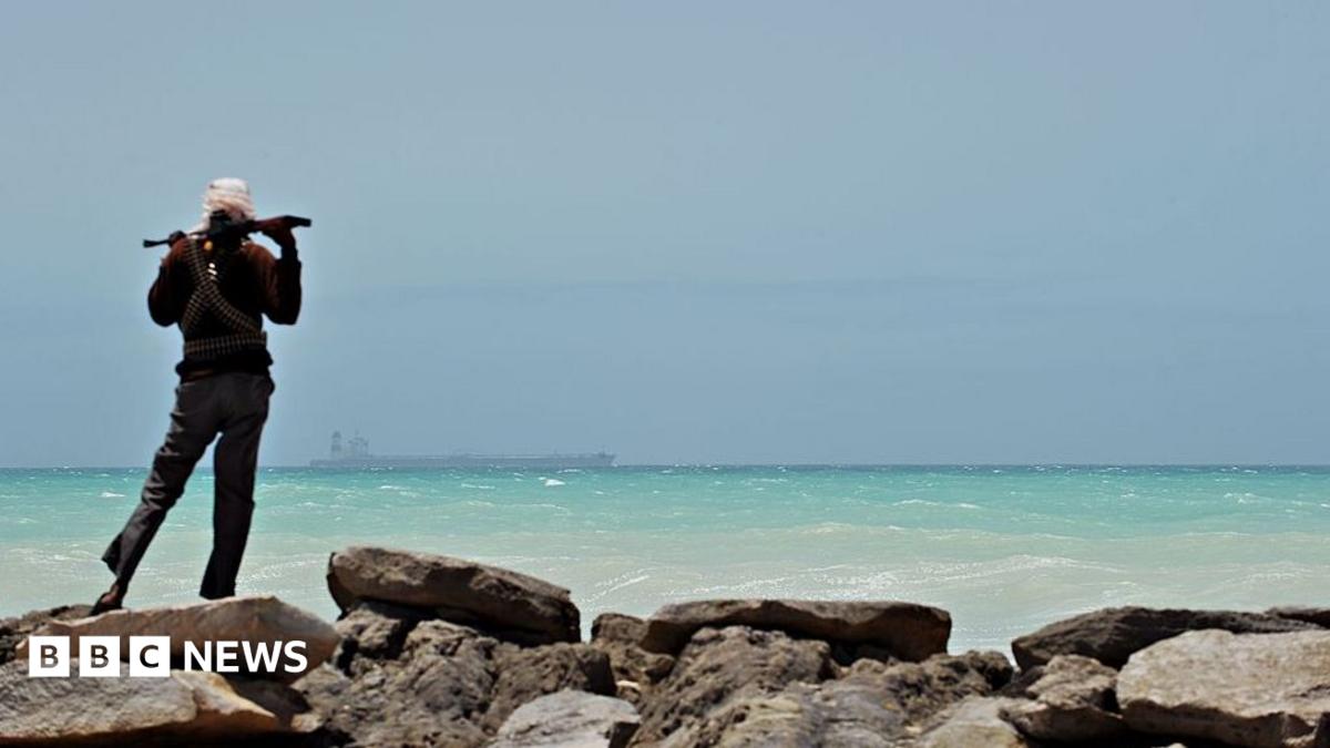 A man - with his back to the camera - stands on some rocks to the left of the picture. Holding a gun across his shoulders, he is looking out to sea where a tanker is in the far distance.