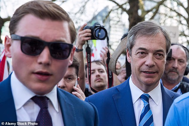 George Cottrell was 'jumped' outside his Chelsea property in the early hours and recalled being grabbed at by blue latex gloves as he fled on foot (Pictured: Mr Cottrell and Nigel Farage)