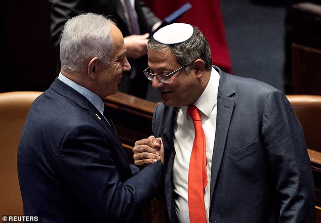 National Security Minister Itamar Ben Gvir, pictured with Israeli Prime Minister Benjamin Netanyahu, has said the deal with Hamas was 'tantamount to agreeing to Hamas organising for the next massacre'