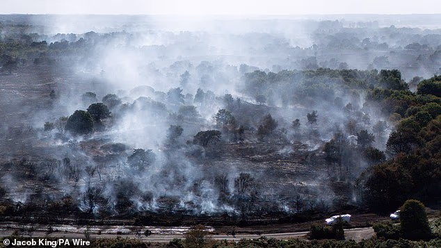 The wildfire on Dunwich Heath (pictured on Friday) is still smouldering. Hundreds of people were evacuated from their homes under police escort