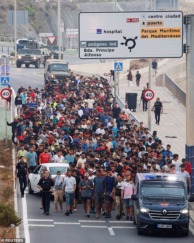 Spanish security personnel escort a big group of migrants to the border to take them out of Spain, after mass crossings of migrants on foot and by sea from Morocco into Spanish territory, in Ceuta, Spain, August 1, 2026