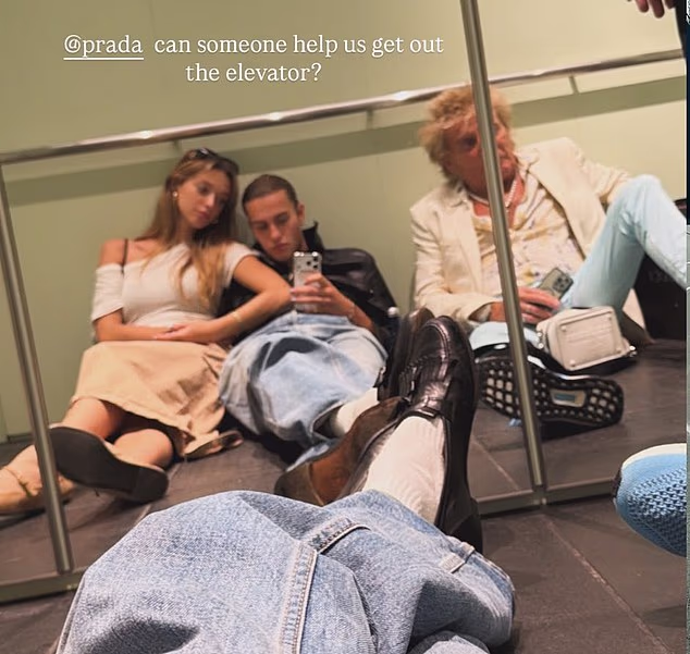 Rod Stewart (right) was stuck in a lift with his son Alastair last week in a Prada store