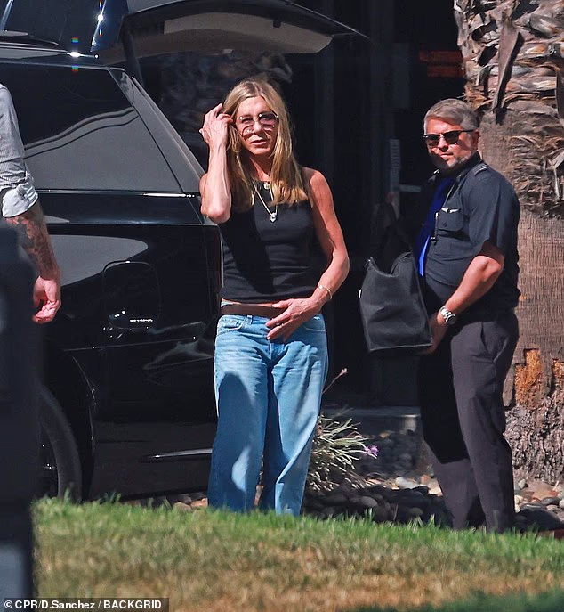 Jennifer Aniston stepped off a private jet with her best pals Courteney Cox and Jason Bateman on Monday afternoon