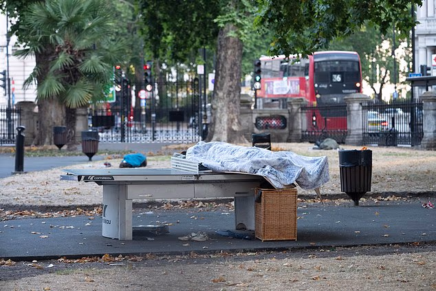 Affluent Grosvenor Gardens has turned into a shelter for the homeless with people seen dozing on top of public table tennis tables. There is no suggestion that any of the individuals shown have been engaged in illegal activity