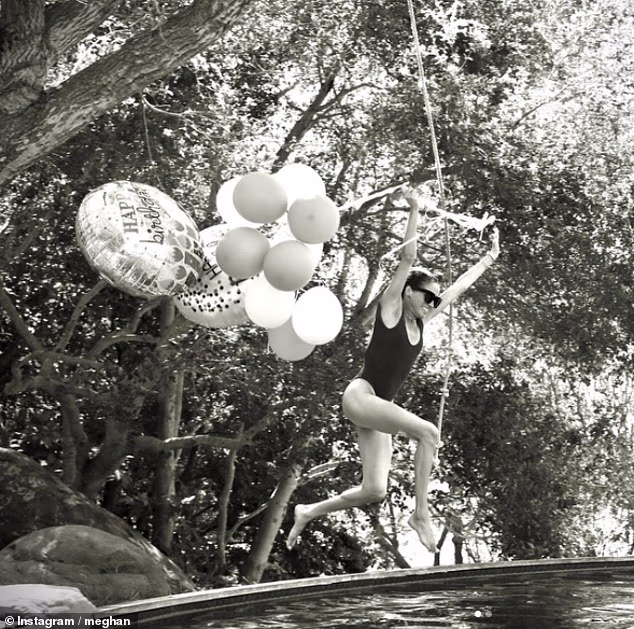 Meghan has thanked her followers 'for the birthday love' as she celebrated turning 45 by jumping into a pool