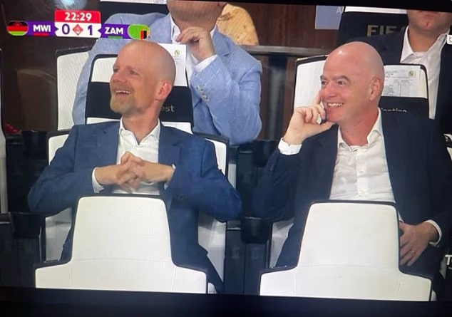 FIFA president Gianni Infantino (right) and FIFA secretary general Mattias Grafström (left) appeared in high spirits while watching a women's AFCON game on Wednesday night