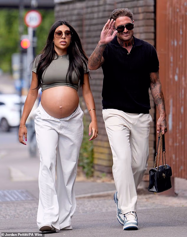 Stephen Bear arrived at a sentencing hearing for breaching a restraining order against his ex Georgia Harrison at Chelmsford Crown Court last week with his pregnant Brazilian wife Miami, 19