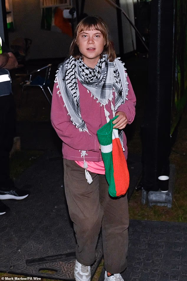 Climate activist Greta Thunberg leaving a charity concert featuring Kneecap and Bob Vylan last night at Falls Park in Belfast