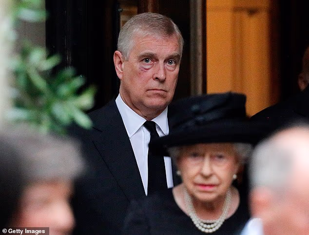 Prince Andrew, Duke of York and Queen Elizabeth II attend the funeral of Patricia Knatchbull, Countess Mountbatten of Burma in 2017
