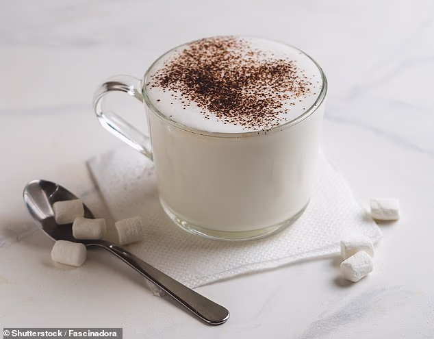 A Babyccino made with whipped milk or cream with cocoa or cinnamon powder and marshmallow