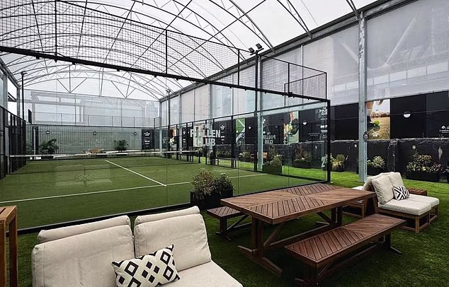 Padel, a tennis-squash hybrid played with rackets, has become a favourite for networking and team-building among lawyers, venture capitalists and management consultants (Pictured: Pollen Club padel clubhouse in Deansgate, Manchester)