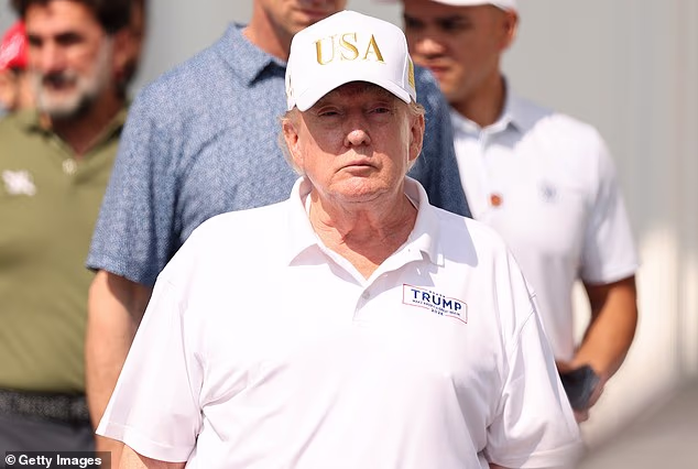 President Donald Trump exits the clubhouse during day four of LIV Golf New York at Trump National Golf Club on August 9, 2026 in Bedminster, New Jersey