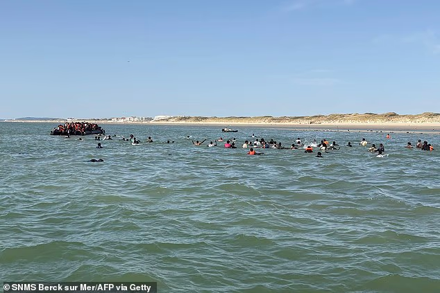 Around 30 migrants floating in the Channel after being flung from the mega-dinghy (left)