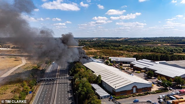 Firefighters requested that National Highways shut the section of the M25 due to a 'risk of a secondary explosion' as they battled a warehouse fire in nearby Ventura Park