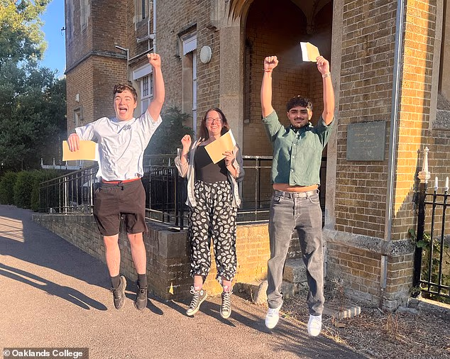 Students celebrate A-level, BTEC and T-level results at Oaklands College in Hertfordshire today