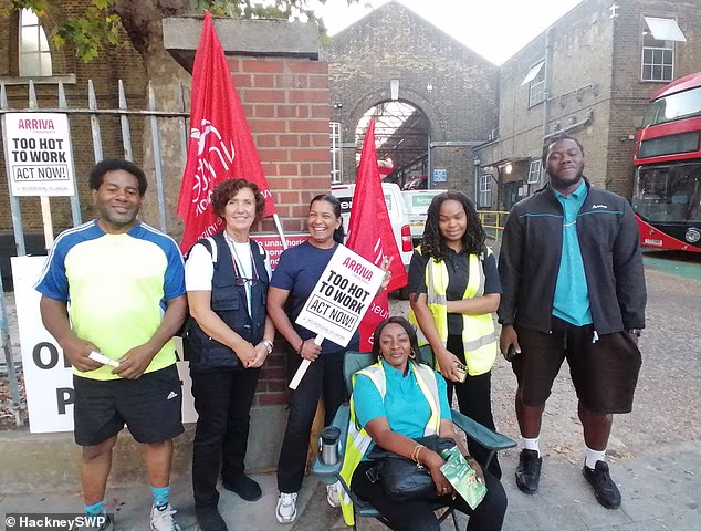 Some 1,500 bus drivers are taking industrial action in London in protest at working conditions - Unite trade union members are seen here in Stamford Hill, north London