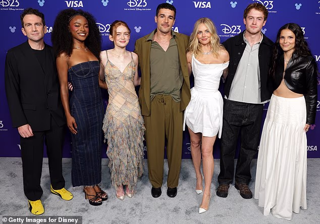 (from left) X-Men reboot director Jake Schreier is pictured at D23 in Anaheim with his cast Maya Boyd, Sadie Sink, Christopher Abbott, Samara Weaving, Kit Connor and Inde Navarrette